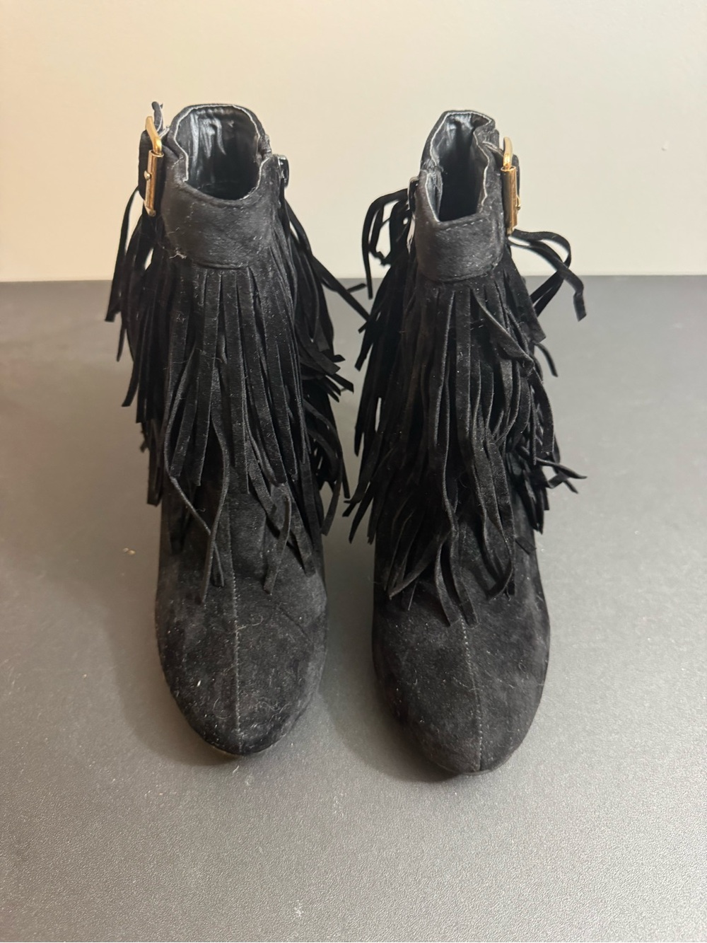 Forever 21 Black Fringe Suede-Look Ankle Booties with Buckle Accent